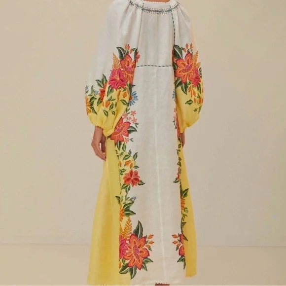 Farm Rio Bloom Garden embroidered linen maxi dress, Size L - Picture 2 of 14